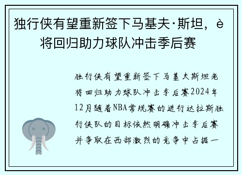 独行侠有望重新签下马基夫·斯坦，老将回归助力球队冲击季后赛