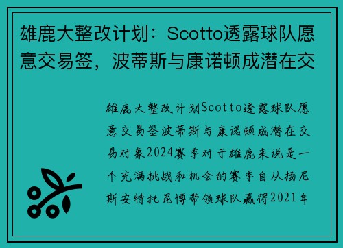 雄鹿大整改计划：Scotto透露球队愿意交易签，波蒂斯与康诺顿成潜在交易对象